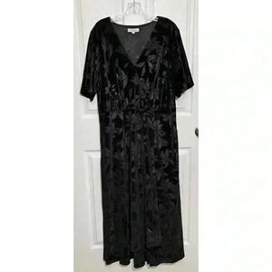 NWOT POLAGRAM  Black Floral Faux Wrap Velvet Maxi V-Neck Dress | size 3XL
